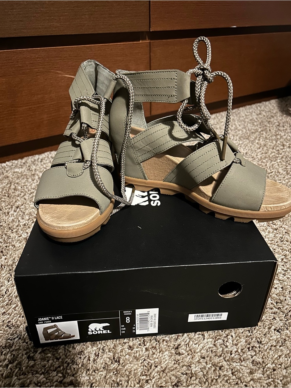 Sorel Joanie II Lace-Up Sandals in Sage (Olive Green).